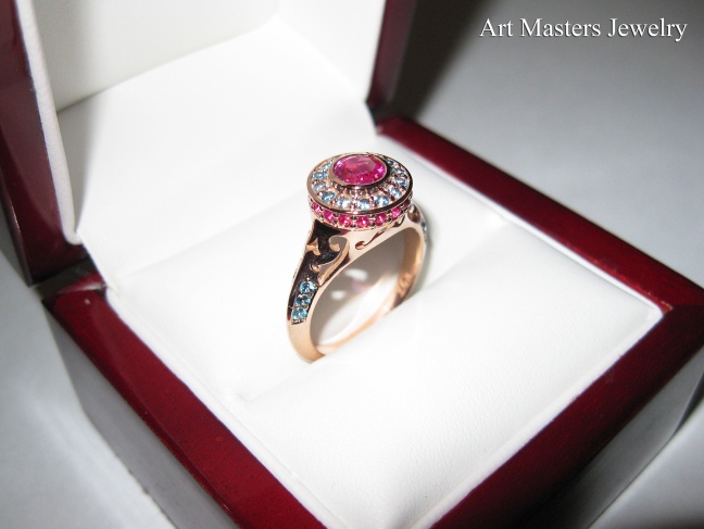 Modern Antique 14K Rose Gold Pink Sapphire Aquamarine Wedding Ring, Engagement Ring R191-14KRGAQPS by Art Masters