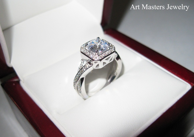 Classic 14K White Gold 1.0 CT Round White Sapphire Diamond Engagement Ring R189-14KWGDWS by Art Masters Jewelry
