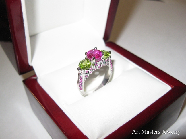 Art Masters Classic 14K White Gold Three Stone Pink Sapphire Peridot Solitaire Ring R200-14KWGPEPS