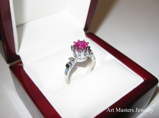 Classic Armenian 14K White Gold 1.0 Pink Sapphire Blue Topaz Bridal Solitaire Ring R405-14KWGBTPS