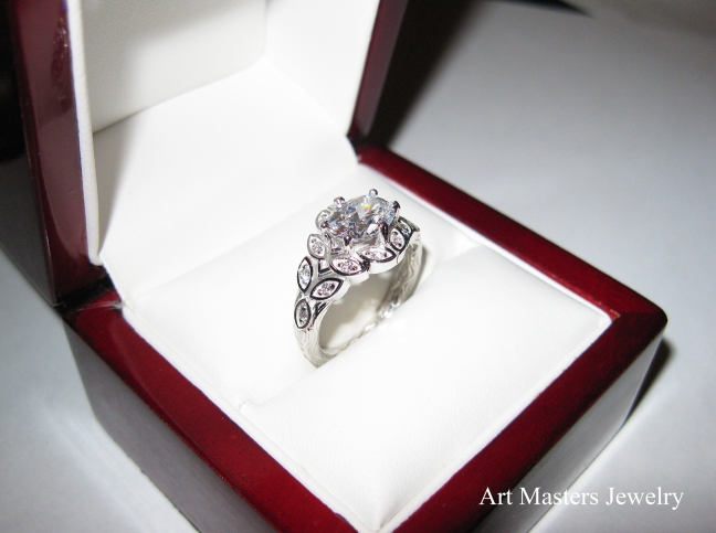 Art Masters Nature Inspired 14K White Gold 1.0 Ct Oval White Sapphire Diamond Leaf and Vine Solitaire Ring R267-14KWGDWS