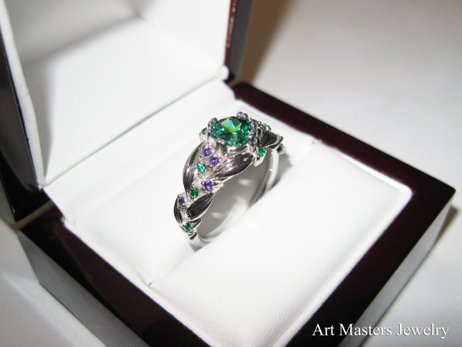 Nature Classic 14K White Gold 1.0 Ct Emerald Amethyst Leaf and Vine Engagement Ring R340-14KWGAMEM