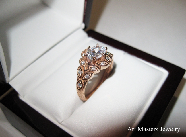 Art Masters Nature Inspired 14K Rose Gold 1.0 Ct Oval White Sapphire Diamond Leaf and Vine Solitaire Ring R267-14KRGDWS