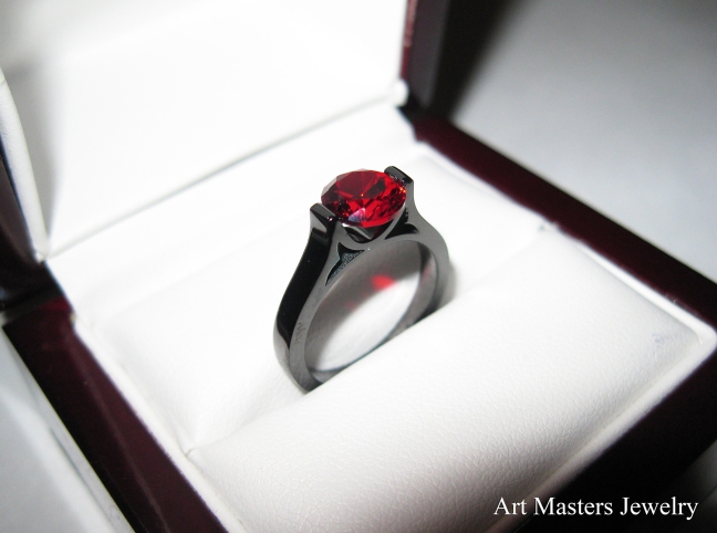 Modern 14K Black Gold Elegant and Modern Wedding or Engagement Ring for Women with a Ruby Center Stone R665-14KBGR
