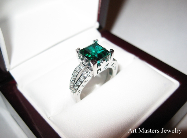 French Vintage 14K White Gold 3.8 Carat Princess Emerald Diamond Solitaire Ring R222-WGDEM