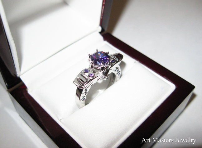 Art Masters Classic Winged Skull 10K White Gold 1.0 Ct Amethyst Solitaire Engagement Ring R613-10KWGAM