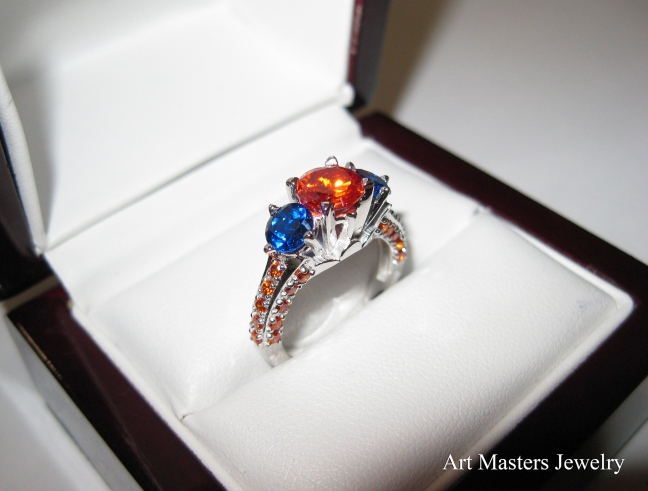 Classic French 14K White Gold Three Stone 2.0 Ct Orange and Blue Sapphire Solitaire Ring R421-14KWGBSOS