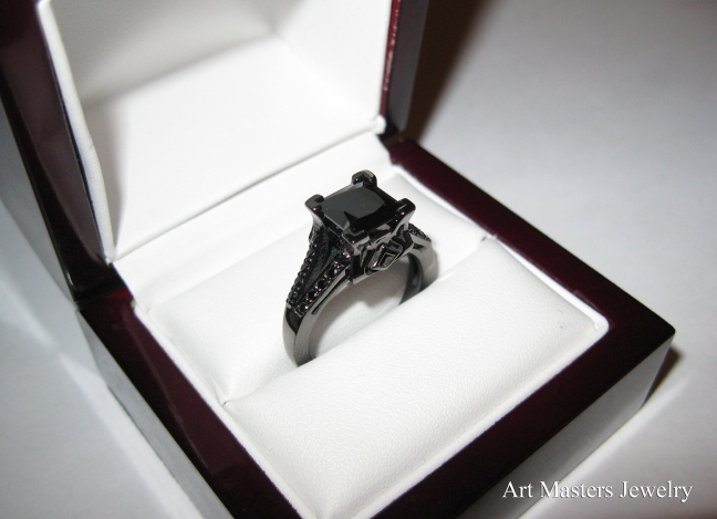 Caravaggio Classic 14K Black Gold 2.0 Ct Princess Black Diamond Cathedral Engagement Ring R488-14KBGBD
