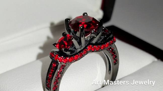 French 14K Black Gold Three Stone Rubies Wedding Ring Engagement Ring R182-14KBGR