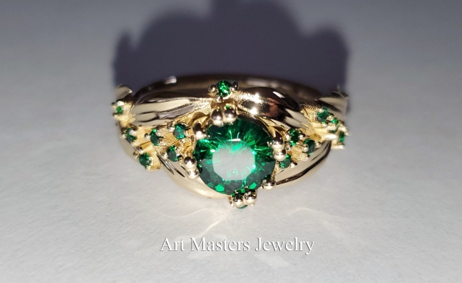 Nature Inspired 14K Yellow Gold 1.0 Ct Emerald Leaf and Vine Engagement Ring R340-14KYGEM